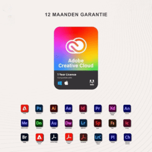 Adobe Creative Cloud kopen – 1 jaar licentie met 12 maanden garantie inclusief iconen van Adobe-apps zoals Photoshop, Illustrator, Premiere Pro, en meer. Compatibel met Windows en Mac.